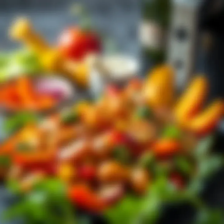 A vibrant dish prepared using an air fryer showcasing colorful vegetables and protein.