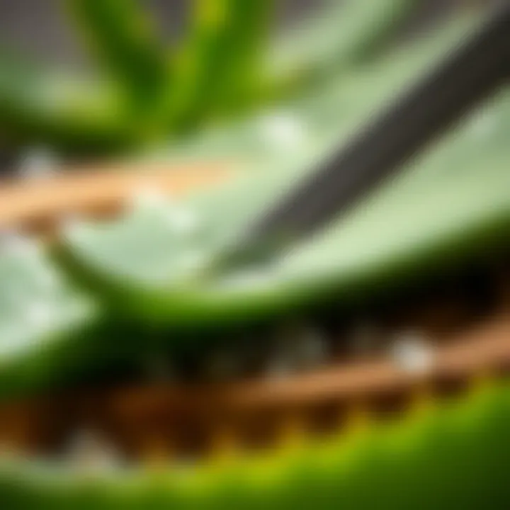 Extracting gel from aloe vera leaf with a knife