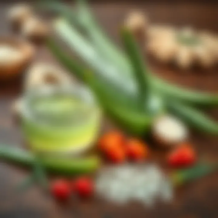 Natural Ingredients for Skin Health Aloe vera gel with fresh ingredients on wooden table