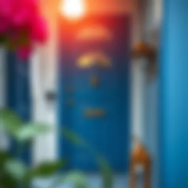 Bold blue American door adding character to a hallway