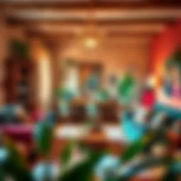 A vibrant boho living room with eclectic decor elements