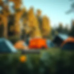 Various camping tents in a lush forest setting