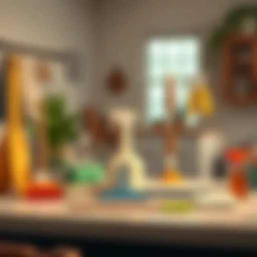 A variety of cleaning tools neatly arranged on a countertop