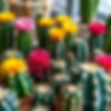 Diverse Species of Flowering Cacti A collection of different species of flowering cacti in a decorative setup