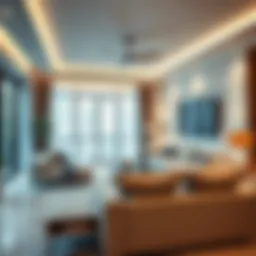 Stylish double living room with modern furniture