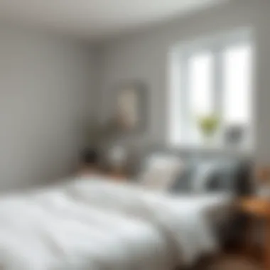 Tranquil Gray Bedroom Atmosphere A serene bedroom featuring soft gray walls and minimalist decor.