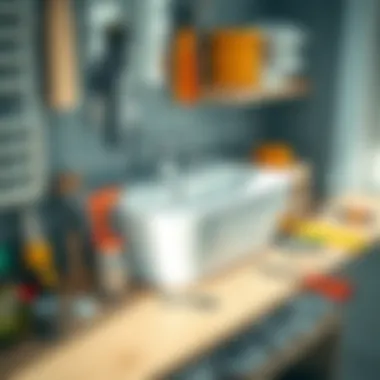 Essential tools laid out for wall-mounted sink installation