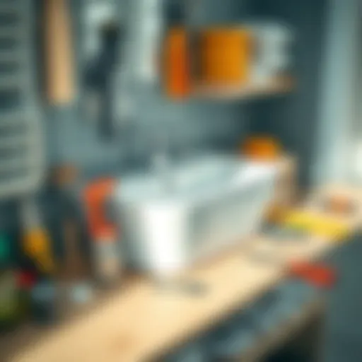 Essential tools laid out for wall-mounted sink installation