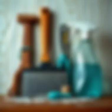 Wallpaper Removal Tools Essential tools lined up for wallpaper removal including a scraper and a spray bottle