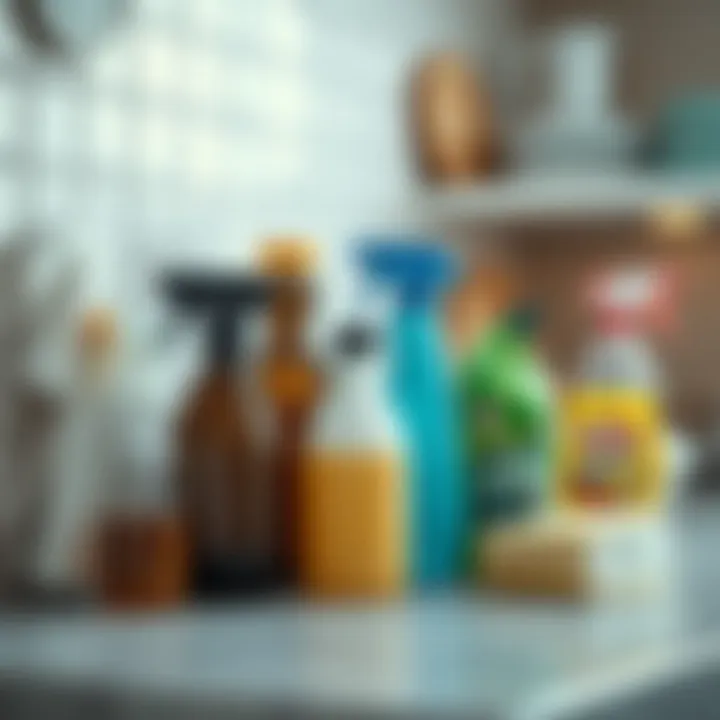 Essential cleaning supplies neatly arranged on a kitchen counter