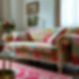 Elegant Fabric Patterns on a Sofa A beautifully upholstered sofa showcasing vibrant fabric patterns