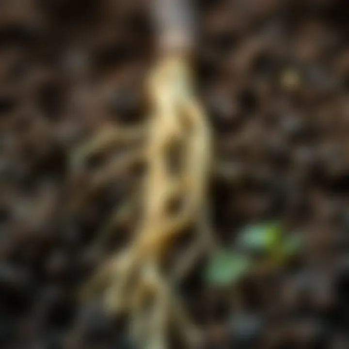 A close-up of moist soil with delicate roots