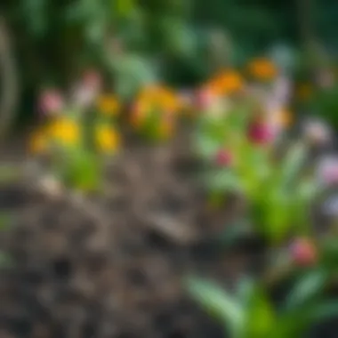 A serene garden with rich soil and blooming flowers