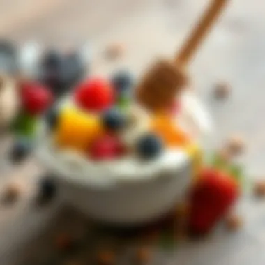 Yogurt with Delicious Toppings Creamy yogurt topped with fruits and honey