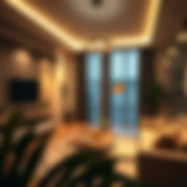 A beautifully illuminated living room with elegant lighting