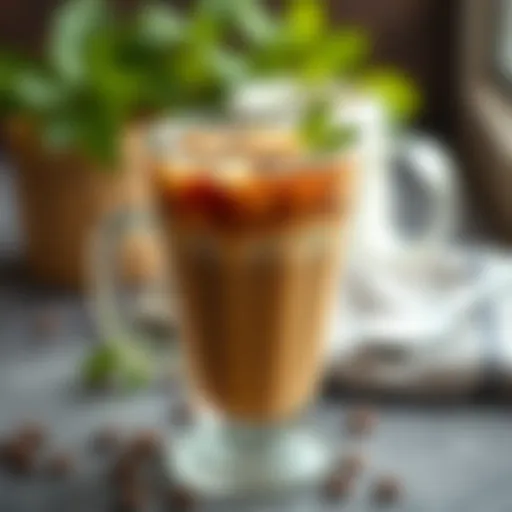Refreshing Chilled Coffee Delight Chilled coffee served in a clear glass with a sprig of mint
