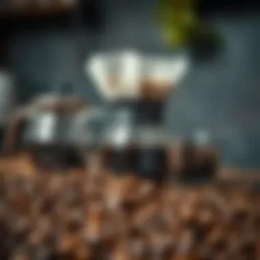 Coffee beans scattered around a brewing setup