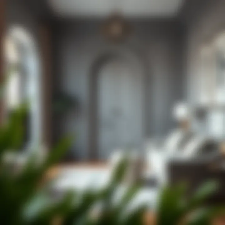 A serene living space featuring gray walls and elegant door hues