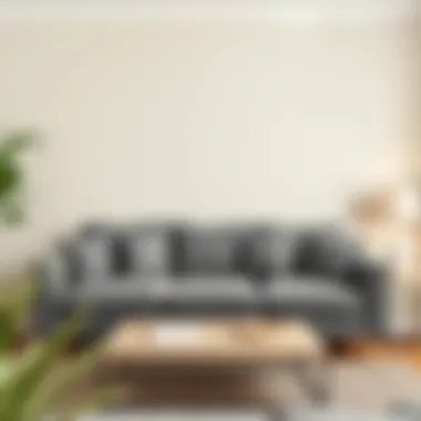 Chic interior showcasing a grey couch complemented by warm beige walls