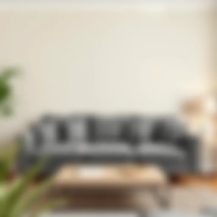 Chic interior showcasing a grey couch complemented by warm beige walls