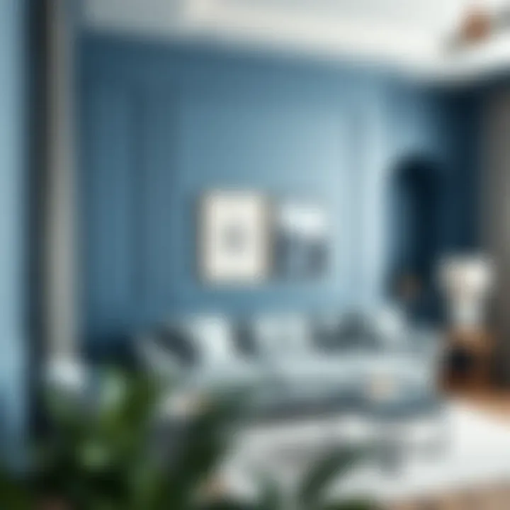 Elegant living room with grey sofa and soft blue walls