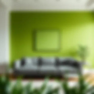 Contemporary space featuring a grey sofa against vibrant green walls