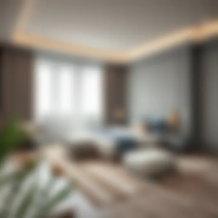 Stylish bedroom designed with grey and cream color scheme