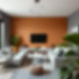 Modern living room with gray furniture and warm wall colors