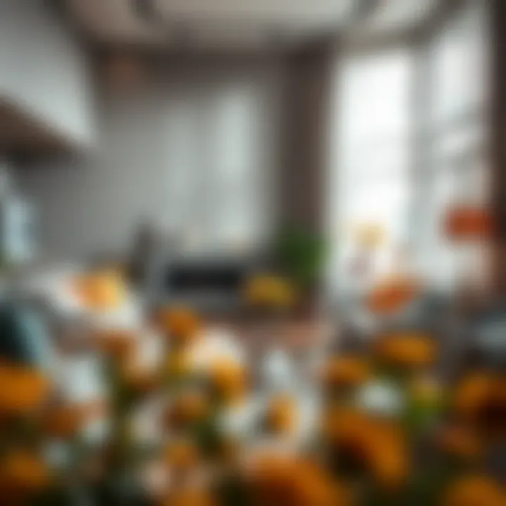 A sophisticated living room featuring grey tones with vibrant color accents