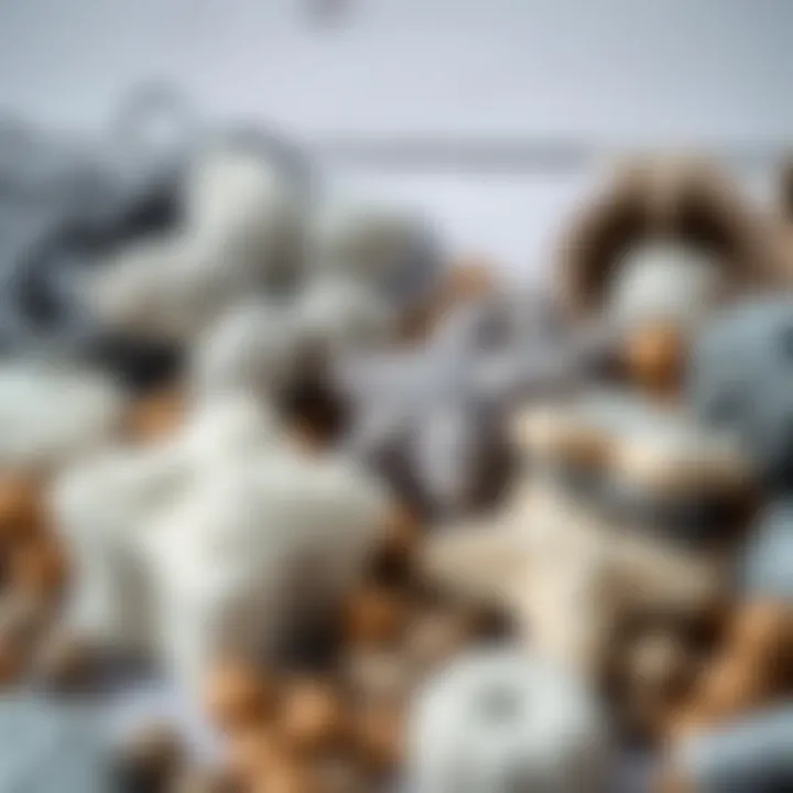 A close-up of handmade crafts incorporating grey and complementary colors