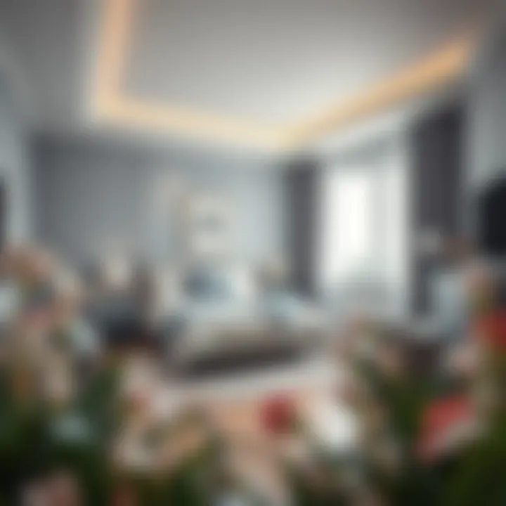 A stylish bedroom design that harmonizes grey with soft pastels