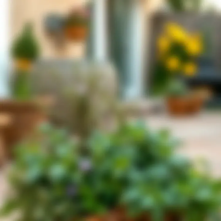 Decorative arrangement of summer herbs on a patio