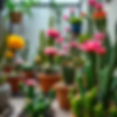 Indoor Oasis with Flowering Cacti A well-maintained indoor garden featuring flowering cacti
