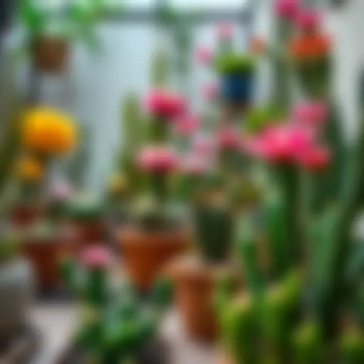 Indoor Oasis with Flowering Cacti A well-maintained indoor garden featuring flowering cacti