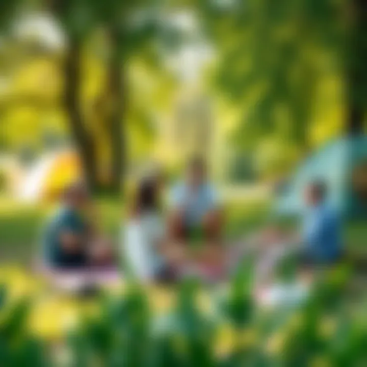 Group of friends enjoying a picnic in a lush green camping area