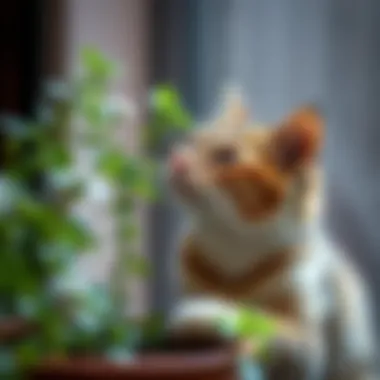 Cat and Herb Plant Interaction A cat interacting with a safe herb plant