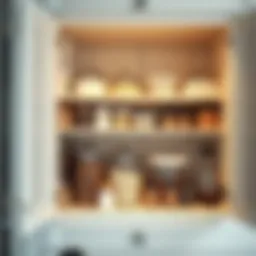 A sparkling clean kitchen cabinet interior showcasing organized jars and containers
