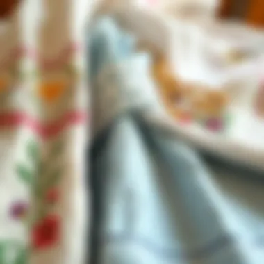 Detailed view of embroidered linens and textiles