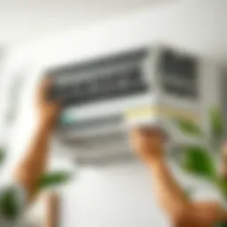 An air conditioning unit being carefully removed from a wall