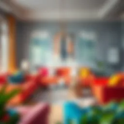 An elegant living room showcasing various sofa colors.