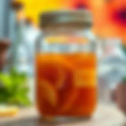 A vibrant jar of brewing kombucha showcasing the fermentation process