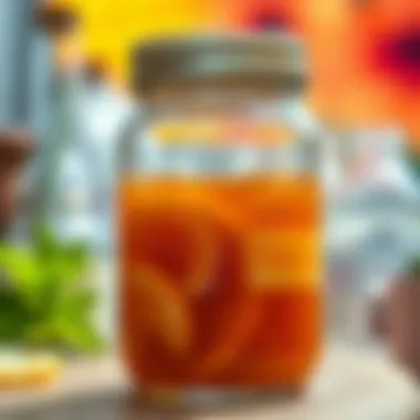 A vibrant jar of brewing kombucha showcasing the fermentation process