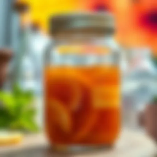 A vibrant jar of brewing kombucha showcasing the fermentation process