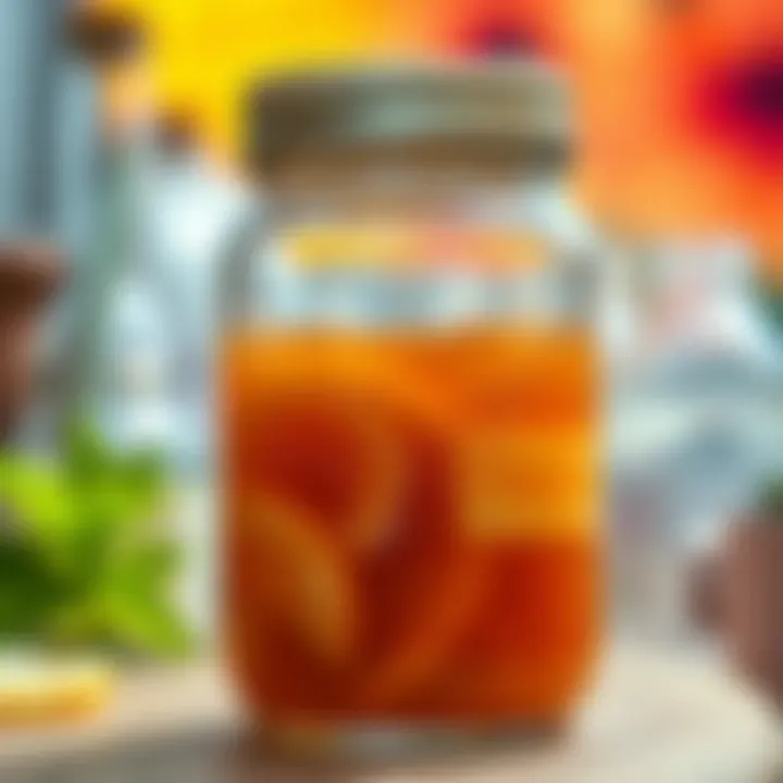 A vibrant jar of brewing kombucha showcasing the fermentation process