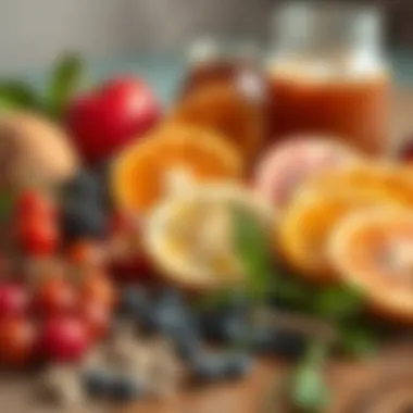 An array of fresh ingredients for flavoring kombucha, including fruits and herbs