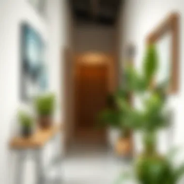 A beautifully decorated corridor with modern art and plants