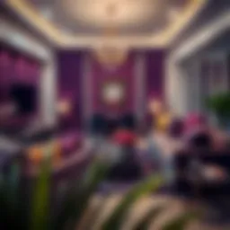 Elegant dark purple interior design showcasing a cozy living room atmosphere