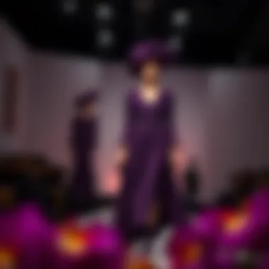 Fashionable ensemble featuring dark purple garments and accessories