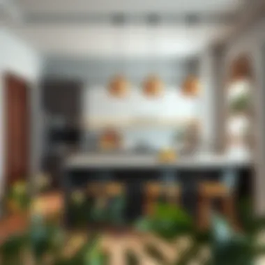 Elegant use of contrasting colors in a compact kitchen island arrangement