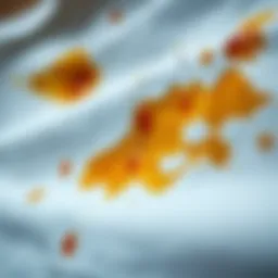 A close-up view of a stained fabric with wax residue.